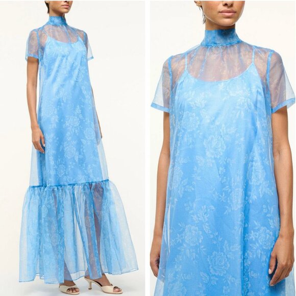 NWT STAUD Calluna Maxi Dress Gown Blue Rose Party Organza Cocktail XSmall - Picture 3 of 11